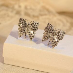 Sterling Silver Fairycore Butterfly Rhinestone Studded Clip-On Earrings